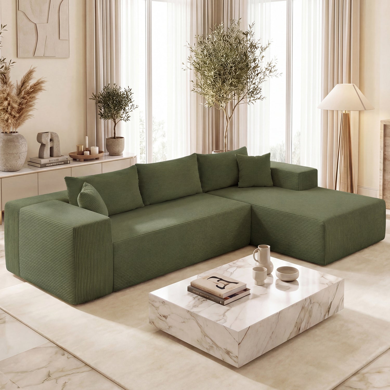 Modular Sectional Sofa Corduroy Upholstered L-shaped Sofa Couch with Deep Seats, Green Sofas & Loveseats at Gallery Canada