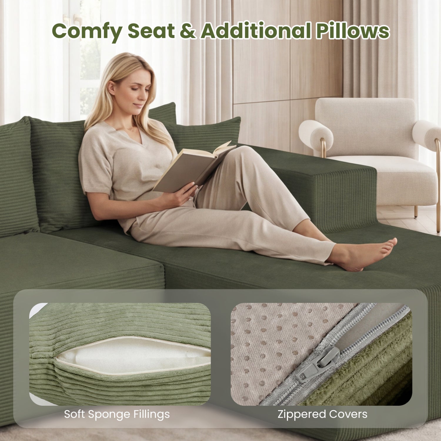 Modular Sectional Sofa Corduroy Upholstered L-shaped Sofa Couch with Deep Seats, Green Sofas & Loveseats at Gallery Canada