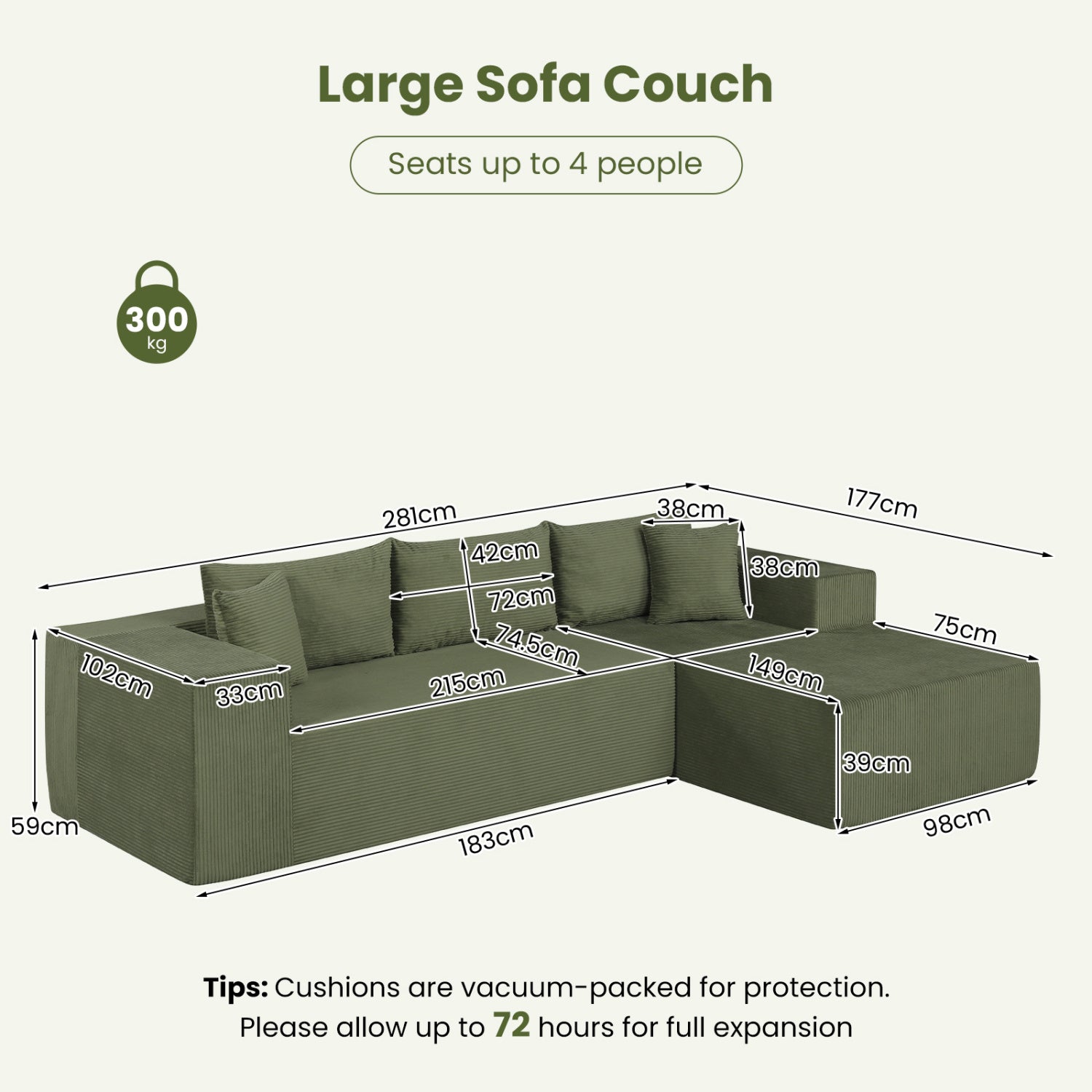Modular Sectional Sofa Corduroy Upholstered L-shaped Sofa Couch with Deep Seats, Green Sofas & Loveseats at Gallery Canada