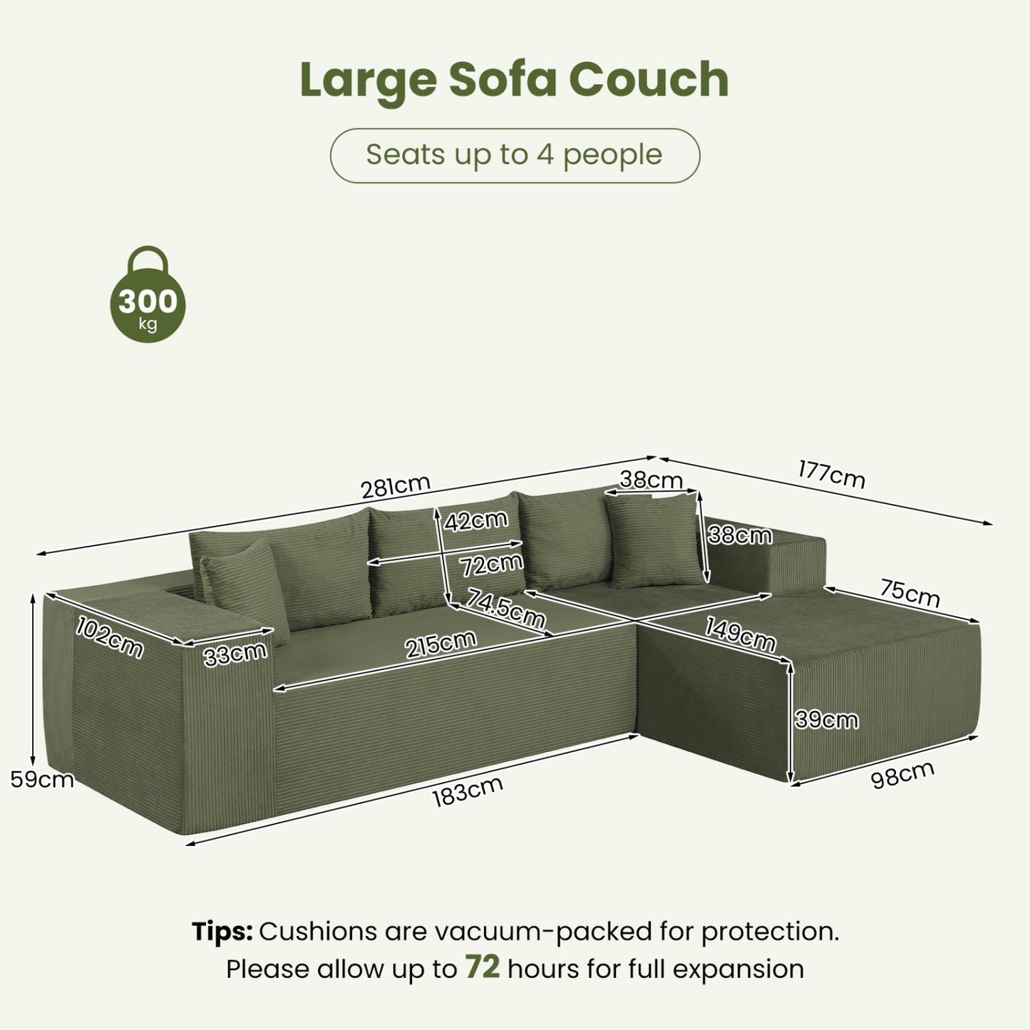 Modular Sectional Sofa Corduroy Upholstered L-shaped Sofa Couch with Deep Seats, Green Sofas & Loveseats at Gallery Canada