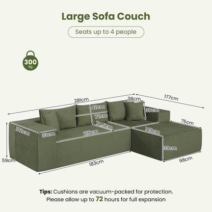 Modular Sectional Sofa Corduroy Upholstered L-shaped Sofa Couch with Deep Seats, Green Sofas & Loveseats at Gallery Canada