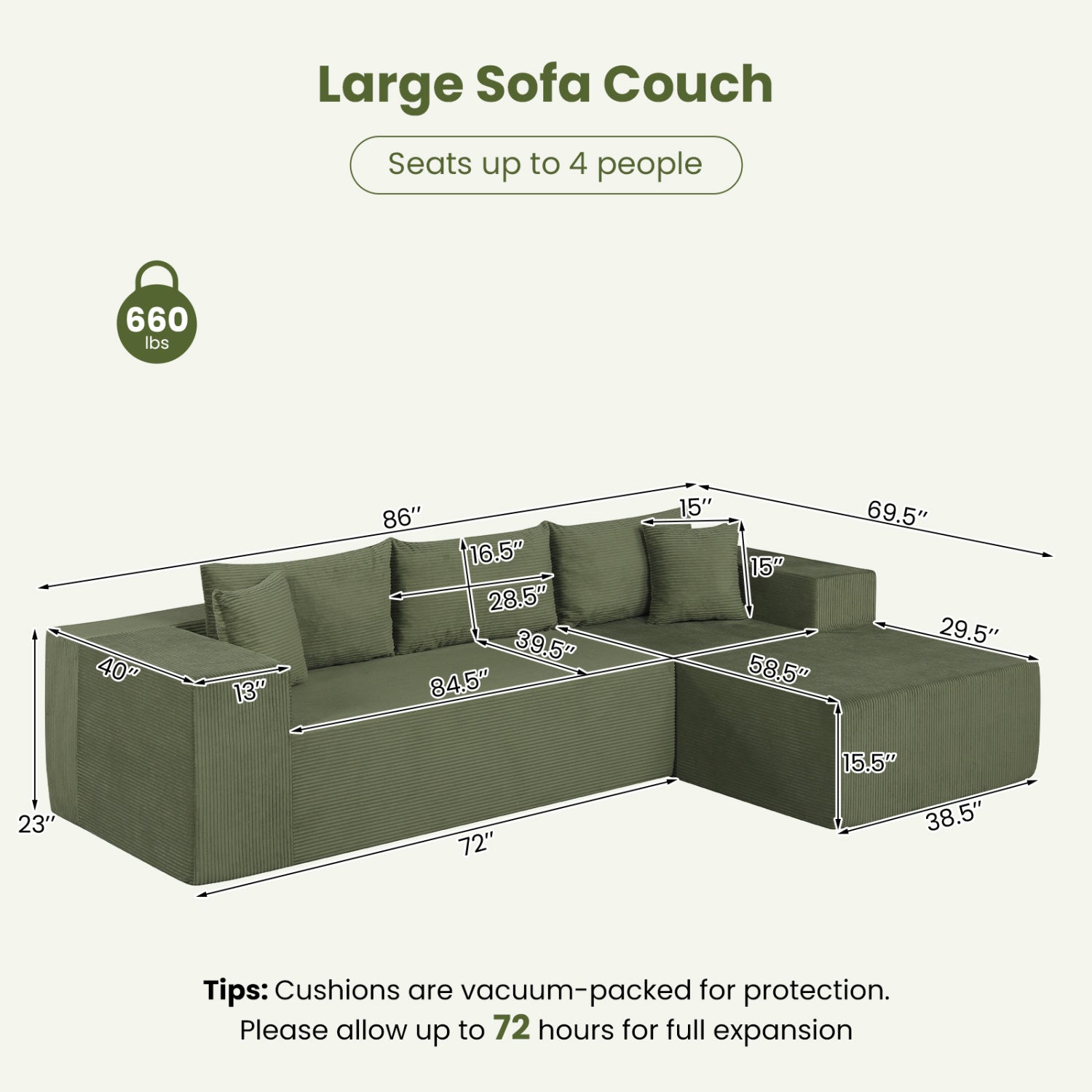 Modular Sectional Sofa Corduroy Upholstered L-shaped Sofa Couch with Deep Seats, Green Sofas & Loveseats at Gallery Canada