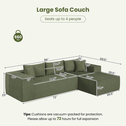 Modular Sectional Sofa Corduroy Upholstered L-shaped Sofa Couch with Deep Seats, Green Sofas & Loveseats at Gallery Canada