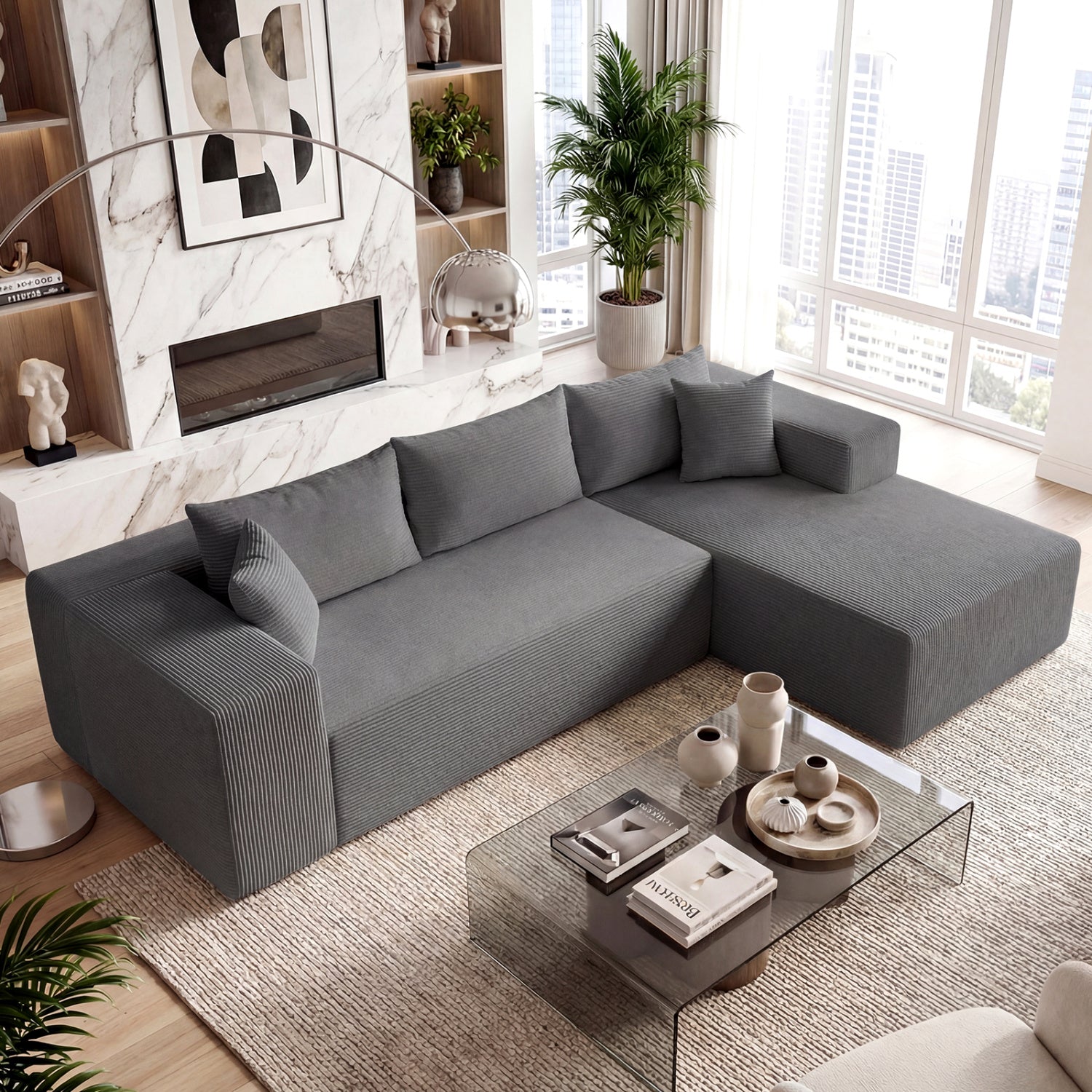 Modular Sectional Sofa Corduroy Upholstered L-shaped Sofa Couch with Deep Seats, Gray Sofas & Loveseats at Gallery Canada