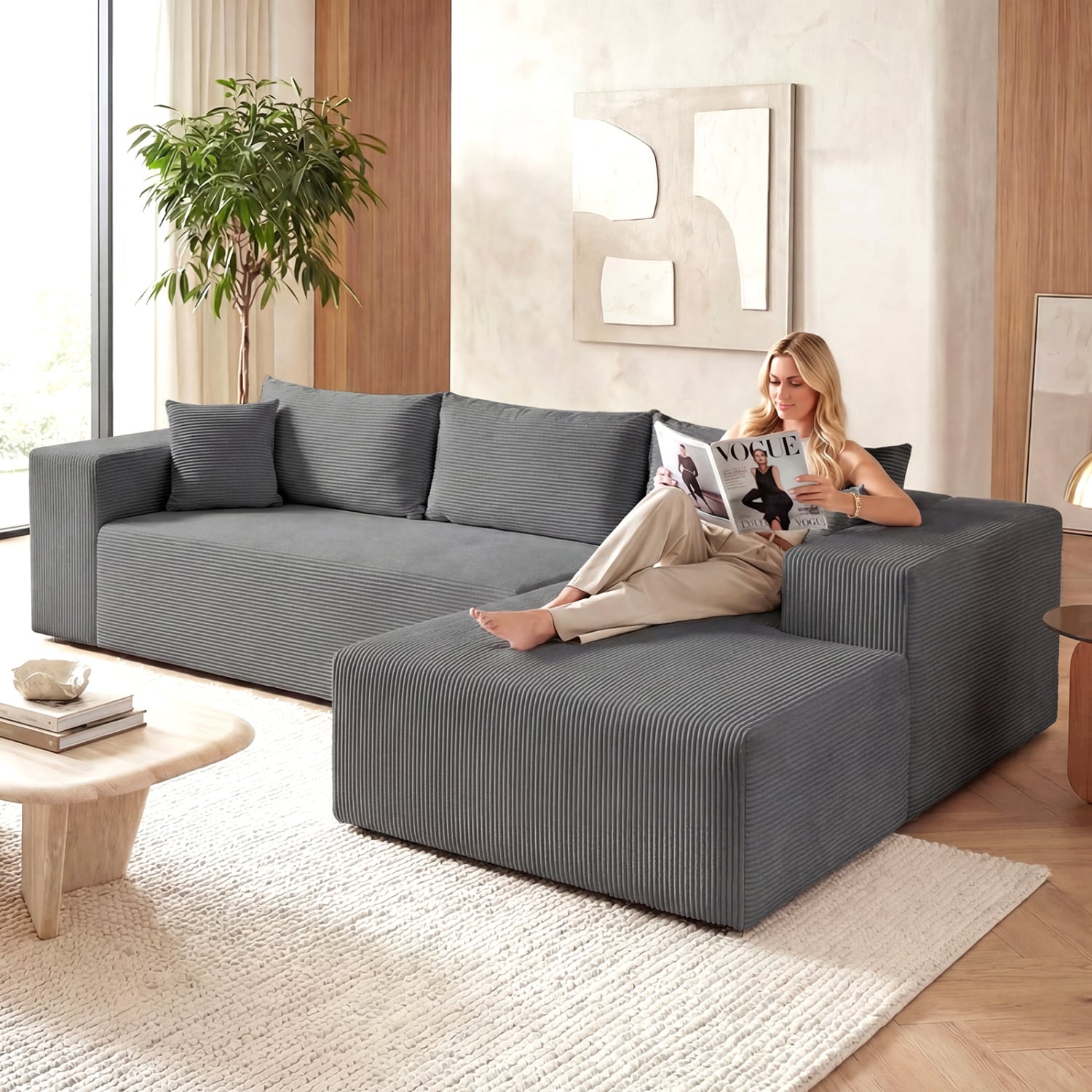 Modular Sectional Sofa Corduroy Upholstered L-shaped Sofa Couch with Deep Seats, Gray Sofas & Loveseats at Gallery Canada