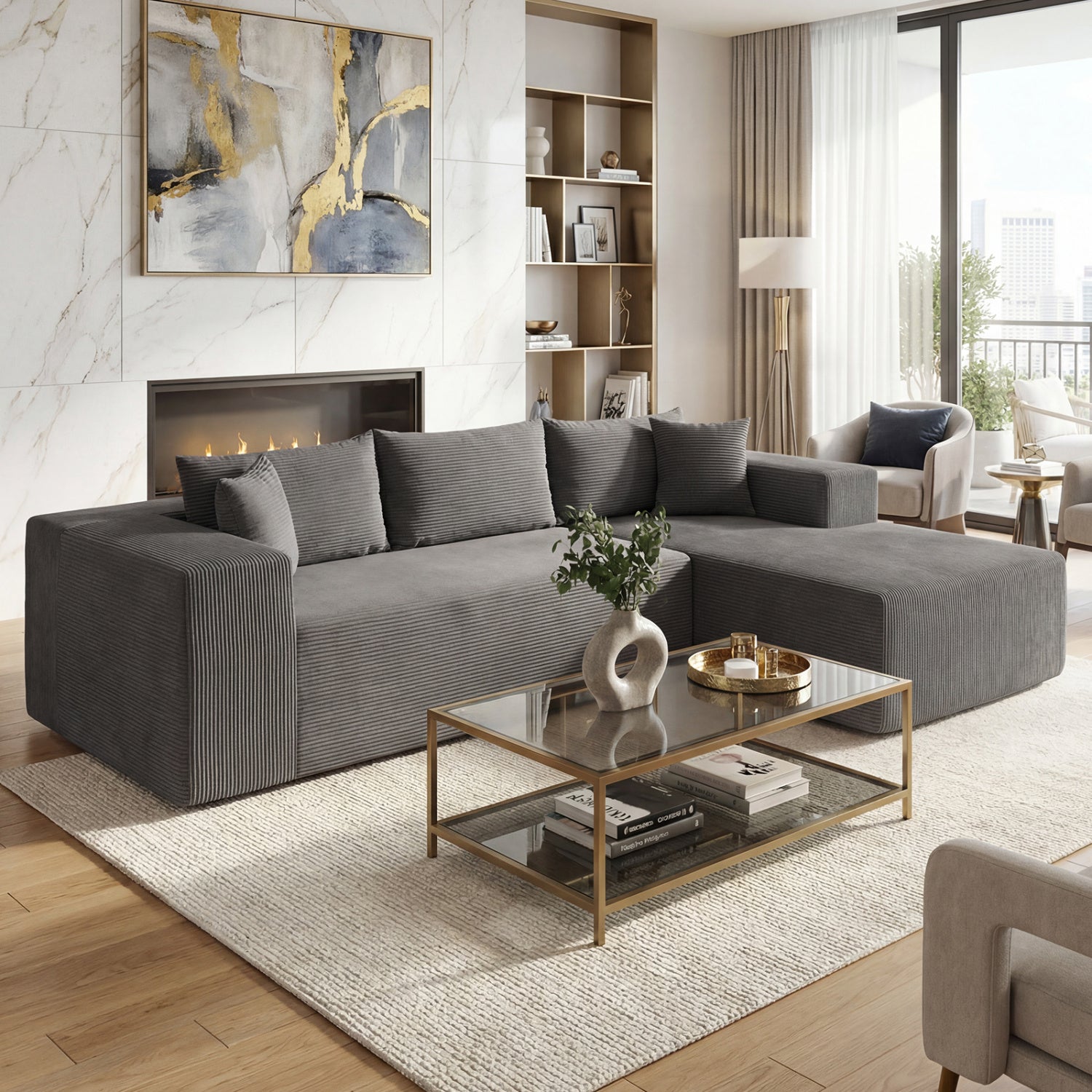 Modular Sectional Sofa Corduroy Upholstered L-shaped Sofa Couch with Deep Seats, Gray Sofas & Loveseats at Gallery Canada