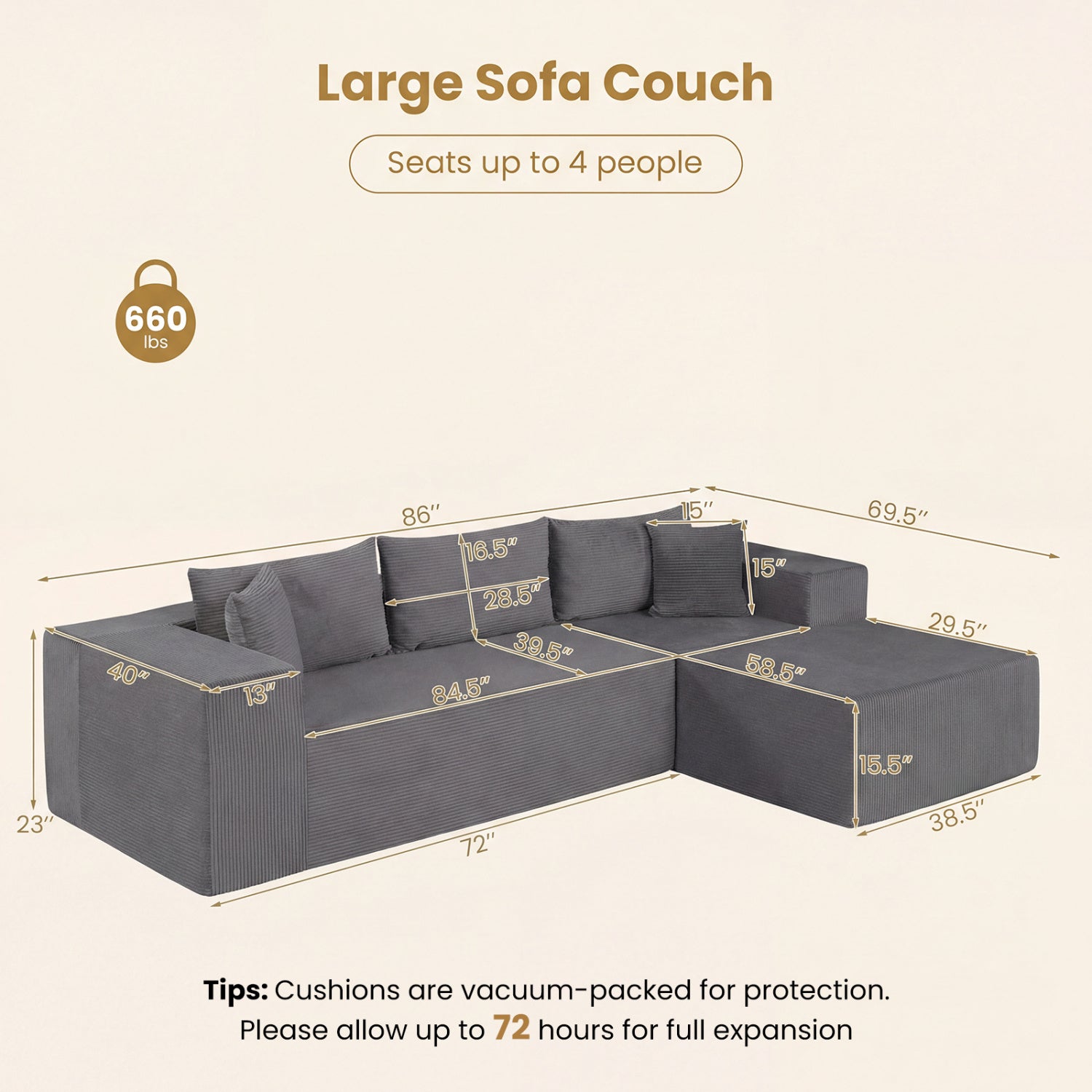 Modular Sectional Sofa Corduroy Upholstered L-shaped Sofa Couch with Deep Seats, Gray Sofas & Loveseats at Gallery Canada