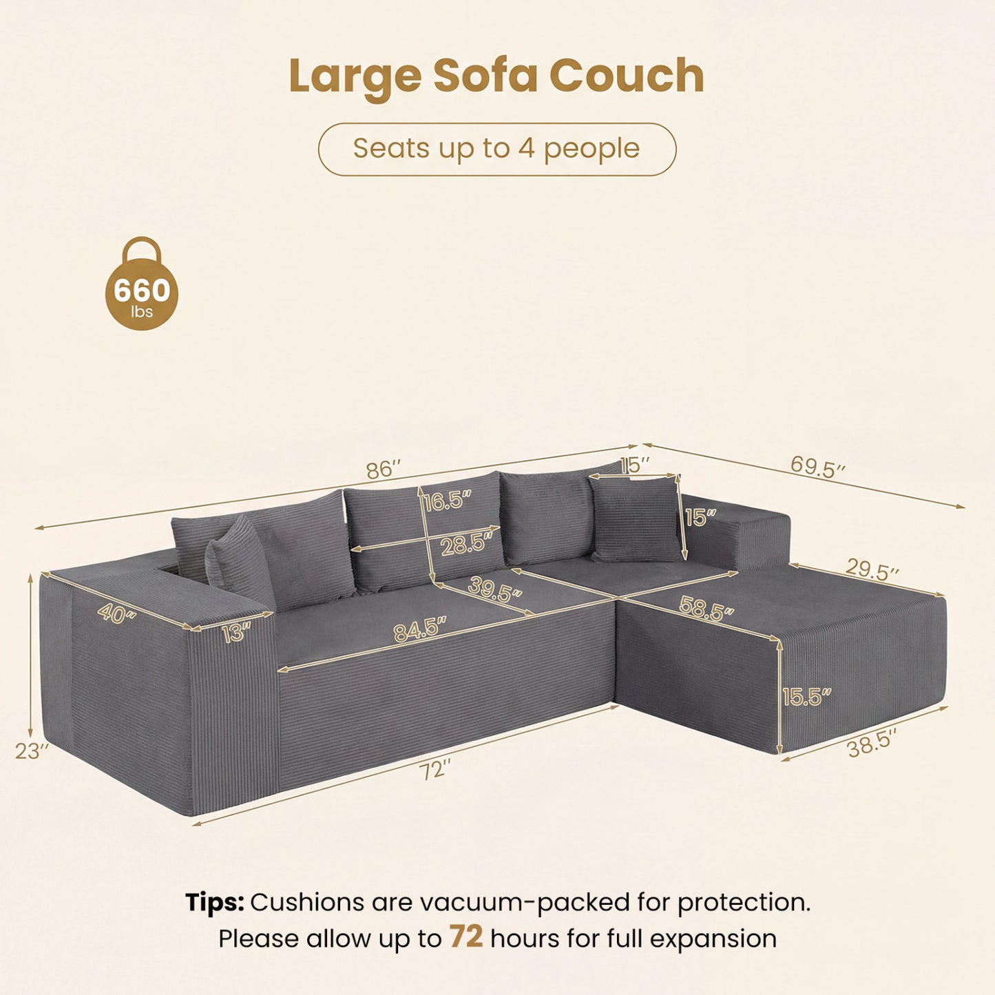 Modular Sectional Sofa Corduroy Upholstered L-shaped Sofa Couch with Deep Seats, Gray Sofas & Loveseats at Gallery Canada