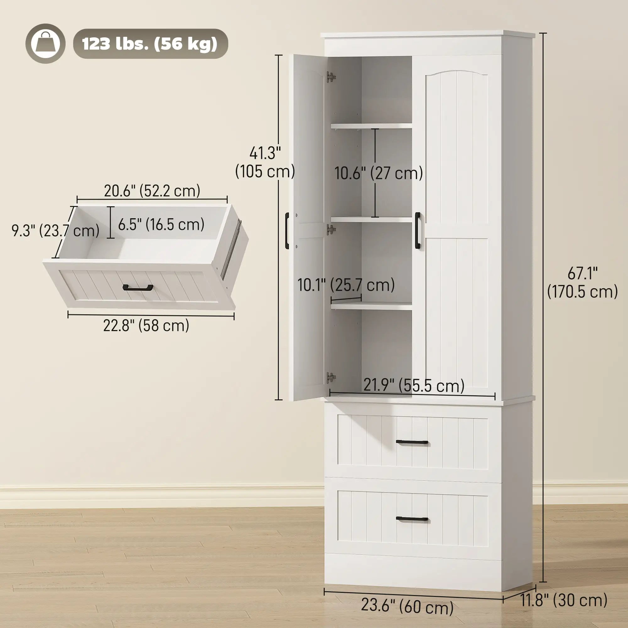 Tall Pantry Cabinet, 67 Inch, Adjustable Shelves, 2 Drawers, White Kitchen Pantry Cabinets at Gallery Canada