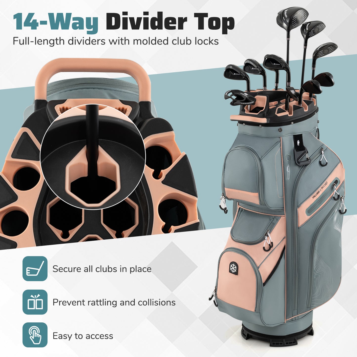 Molded Lock Top Golf Cart Bag with 14-Way Full Length Dividers and 11 Pockets, Orange Golf at Gallery Canada