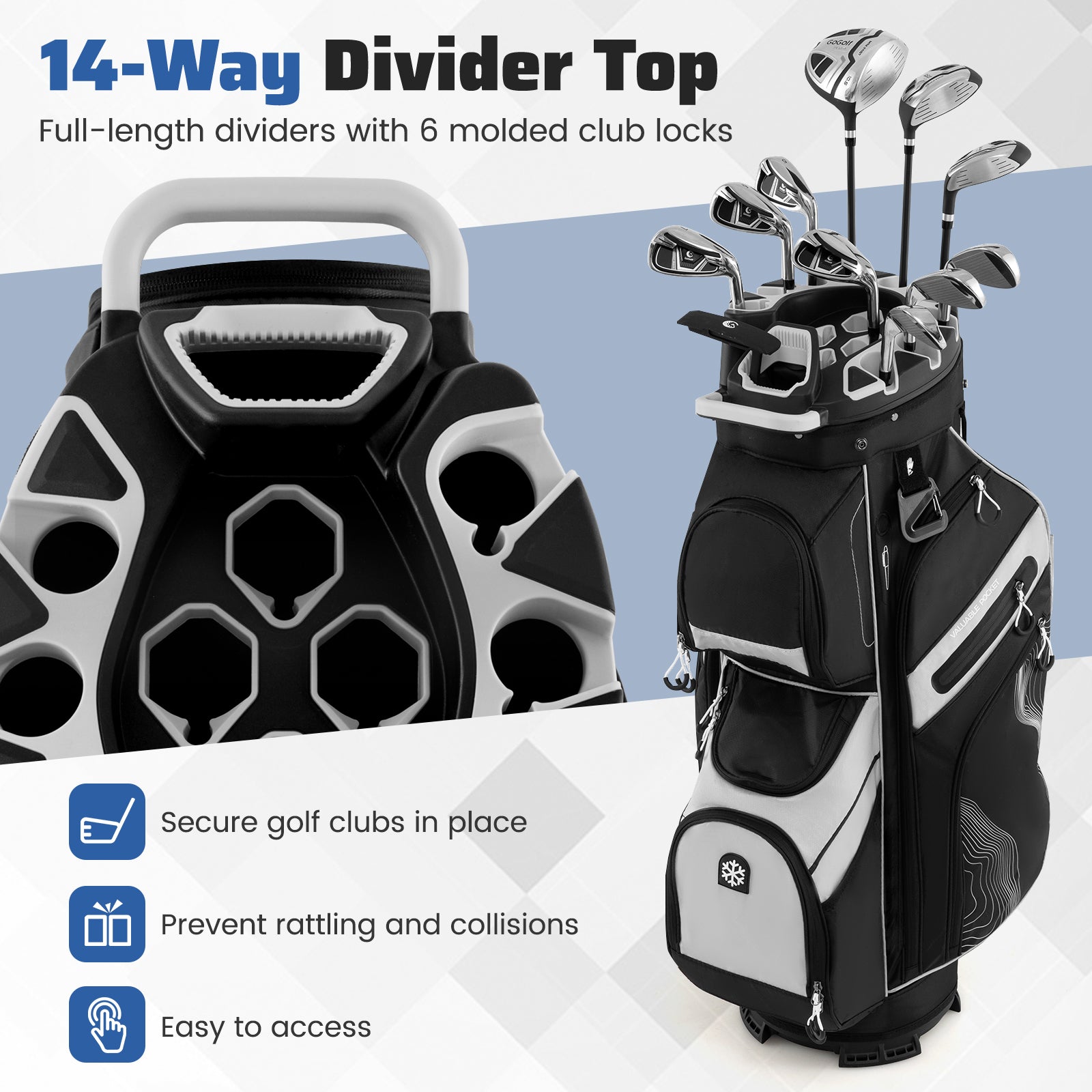 Molded Lock Top Golf Cart Bag, 14-Way Full Length Dividers, 11 Pockets, Gray Golf at Gallery Canada