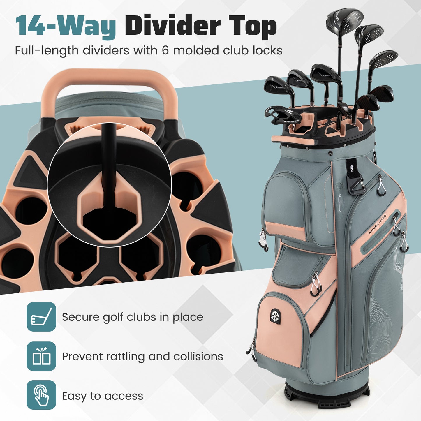 Molded Lock Top Golf Cart Bag, 14-Way Dividers, 11 Pockets, Orange Golf at Gallery Canada