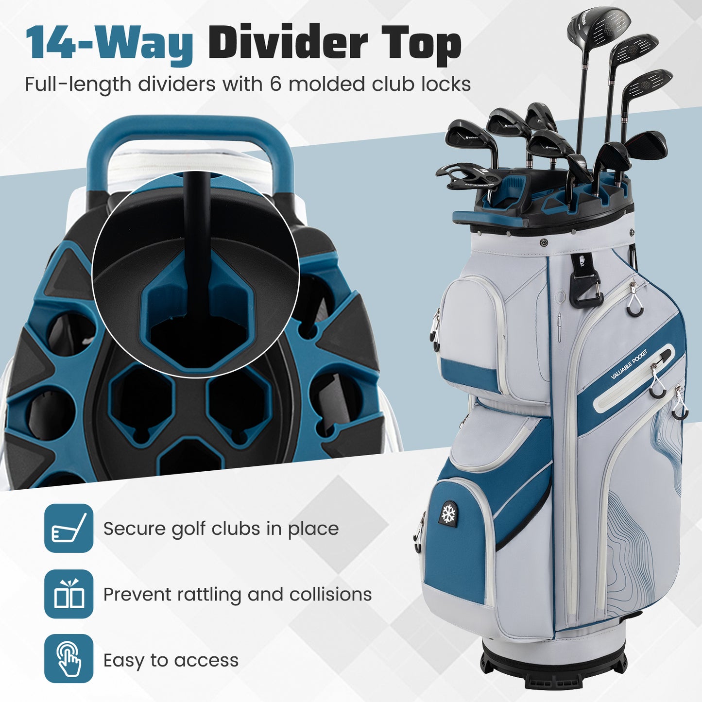 Molded Lock Top Golf Cart Bag, 14-Way Full Length Dividers, 11 Pockets, Navy Golf at Gallery Canada