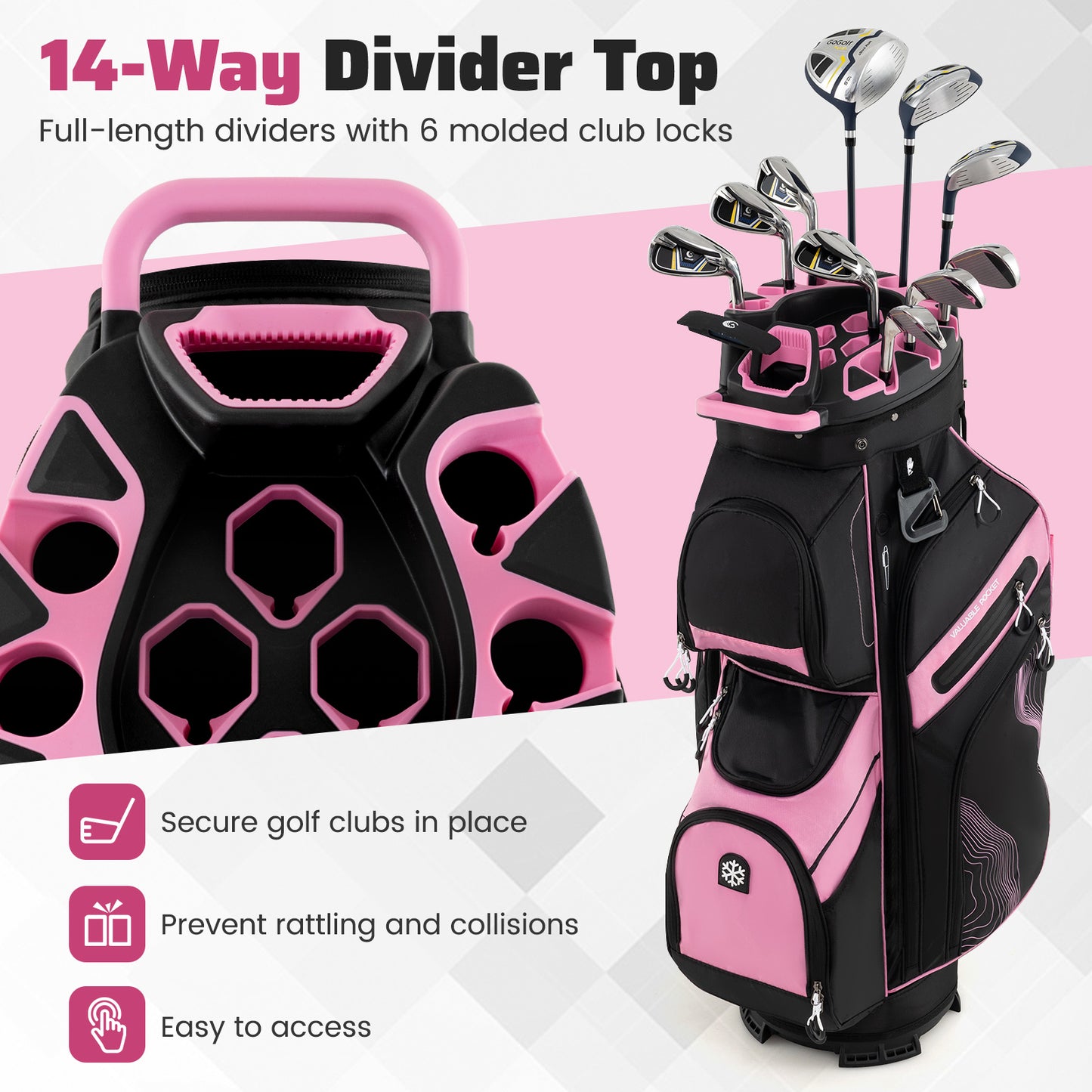 Molded Lock Top Golf Cart Bag, 14-Way Dividers, 11 Pockets, Pink Golf at Gallery Canada