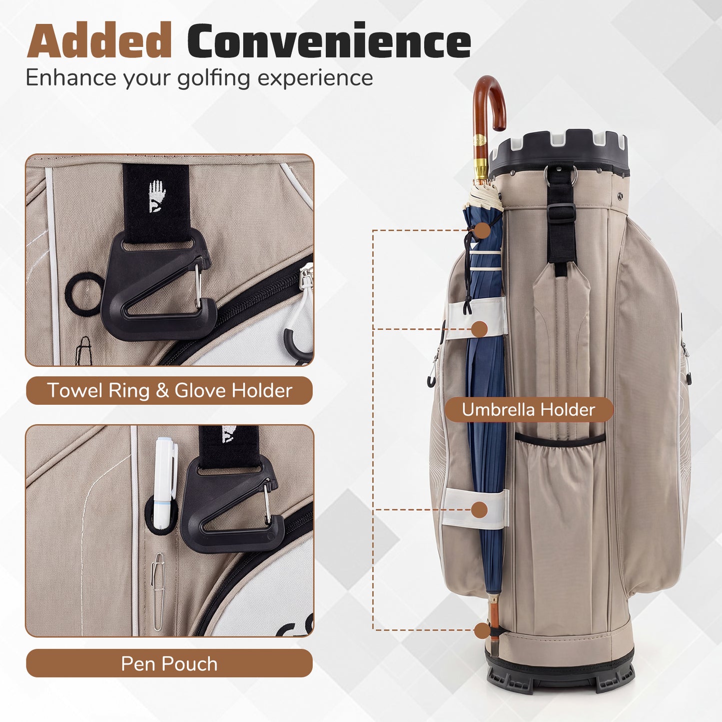 Molded Lock Top Golf Cart Bag, 14-Way Full Length Dividers, 11 Pockets, Khaki Golf at Gallery Canada