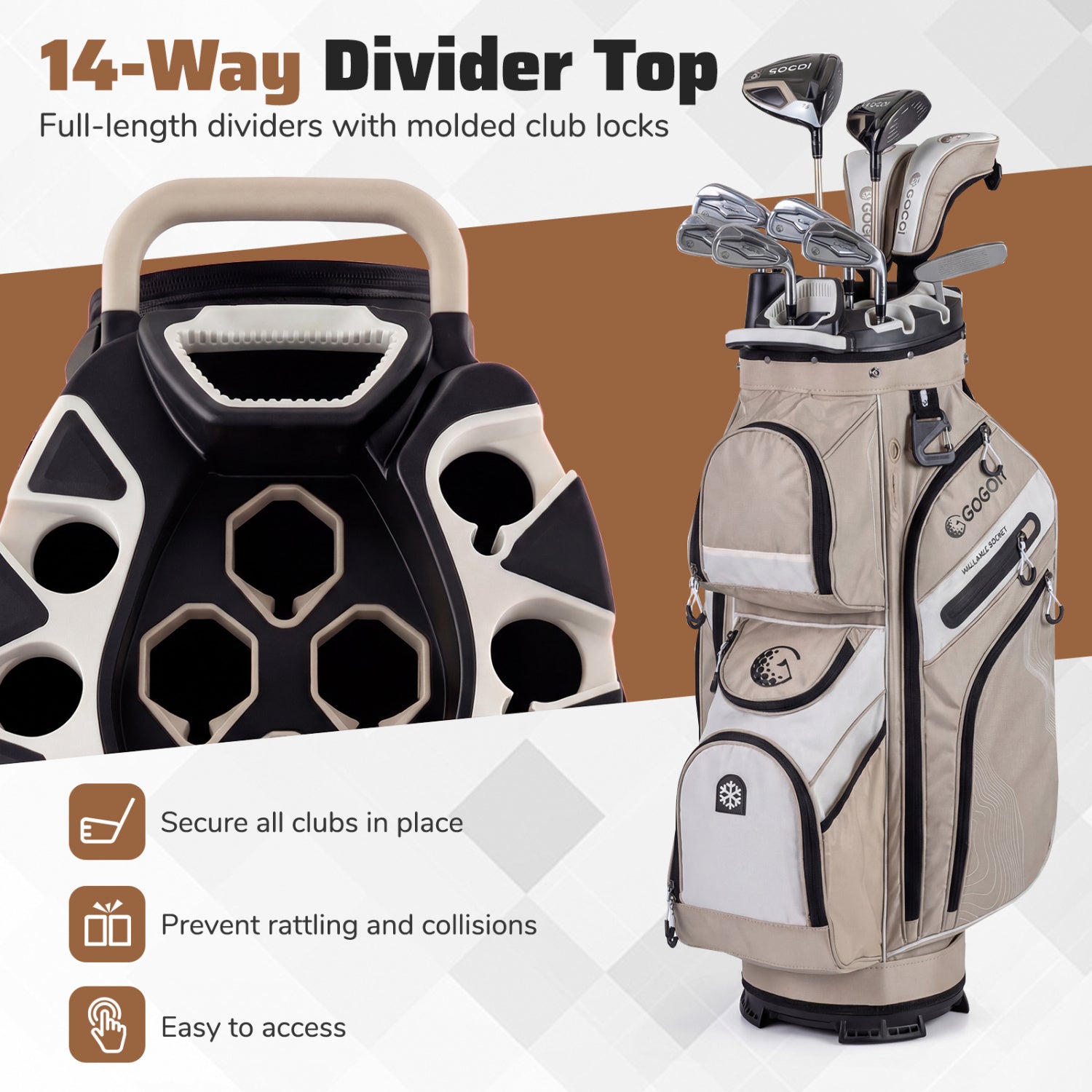 Molded Lock Top Golf Cart Bag, 14-Way Full Length Dividers, 11 Pockets, Khaki Golf at Gallery Canada