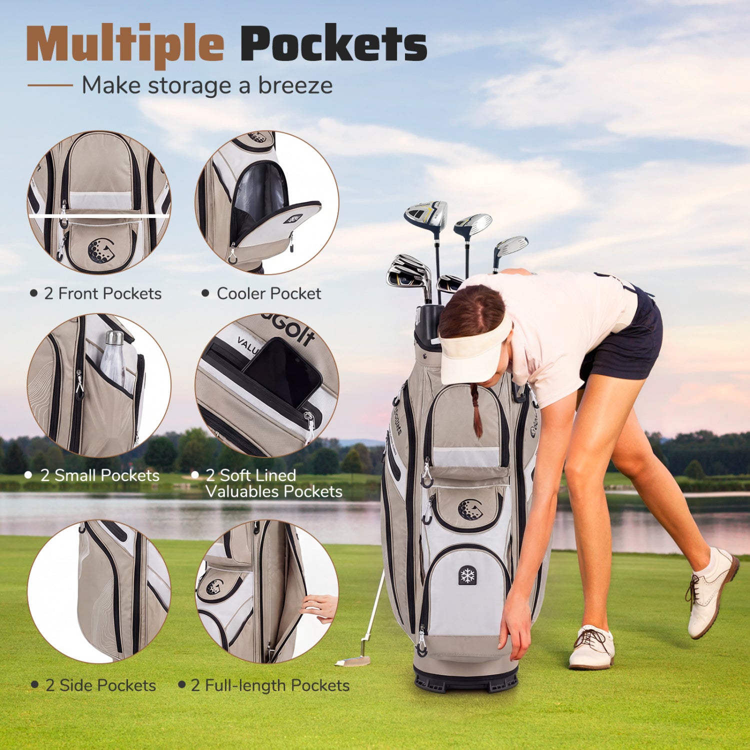 Molded Lock Top Golf Cart Bag, 14-Way Full Length Dividers, 11 Pockets, Khaki Golf at Gallery Canada