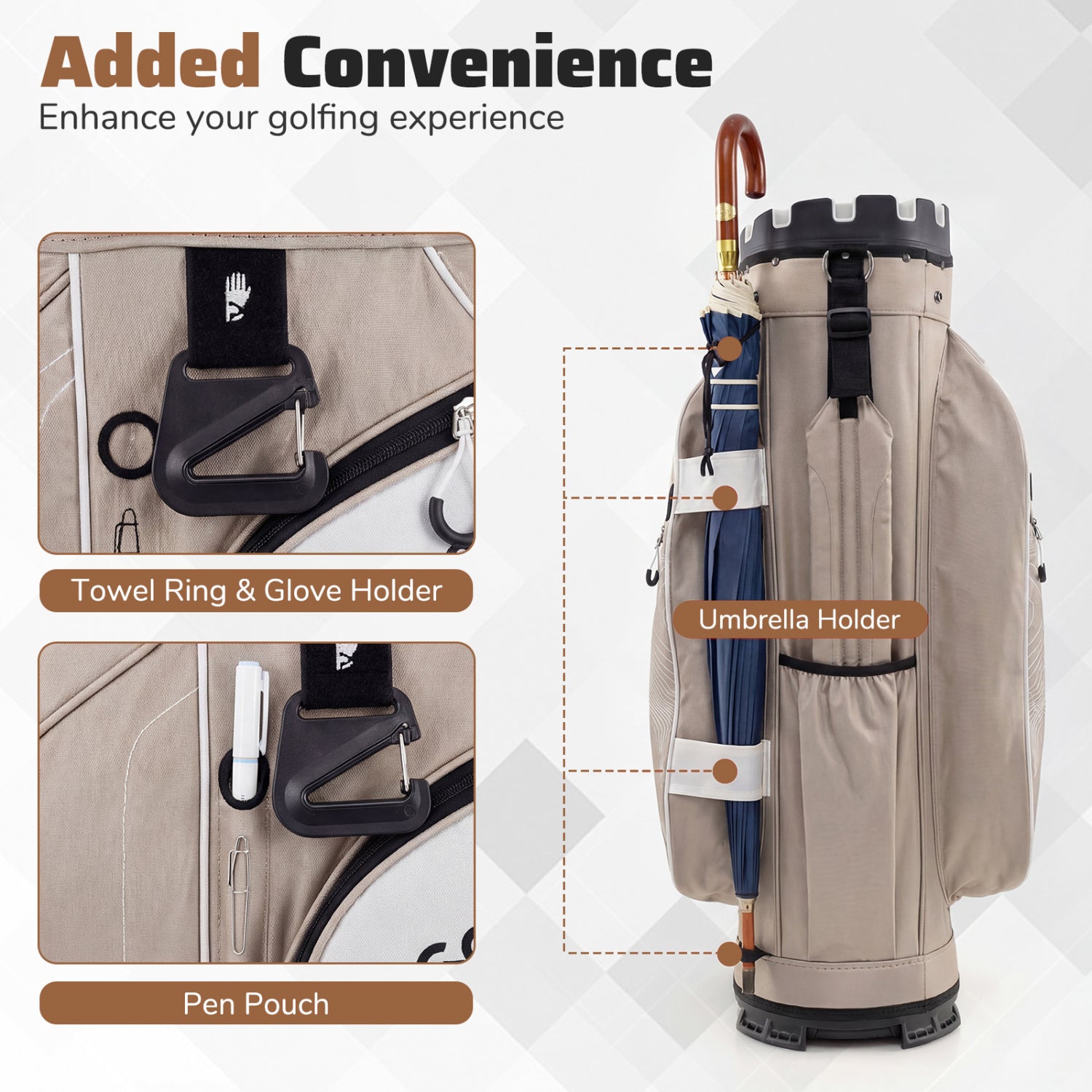 Molded Lock Top Golf Cart Bag, 14-Way Full Length Dividers, 11 Pockets, Khaki Golf at Gallery Canada