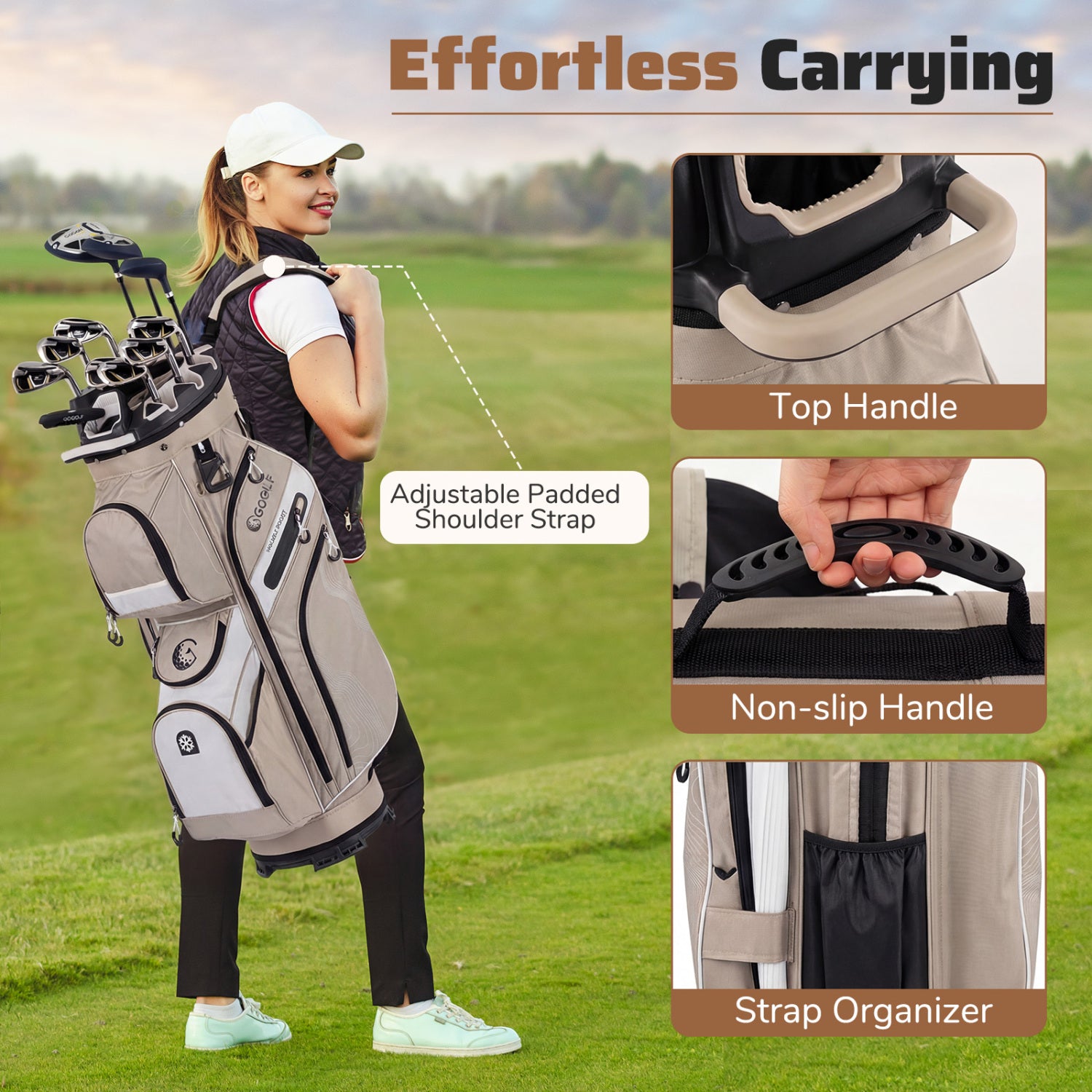 Molded Lock Top Golf Cart Bag, 14-Way Full Length Dividers, 11 Pockets, Khaki Golf at Gallery Canada