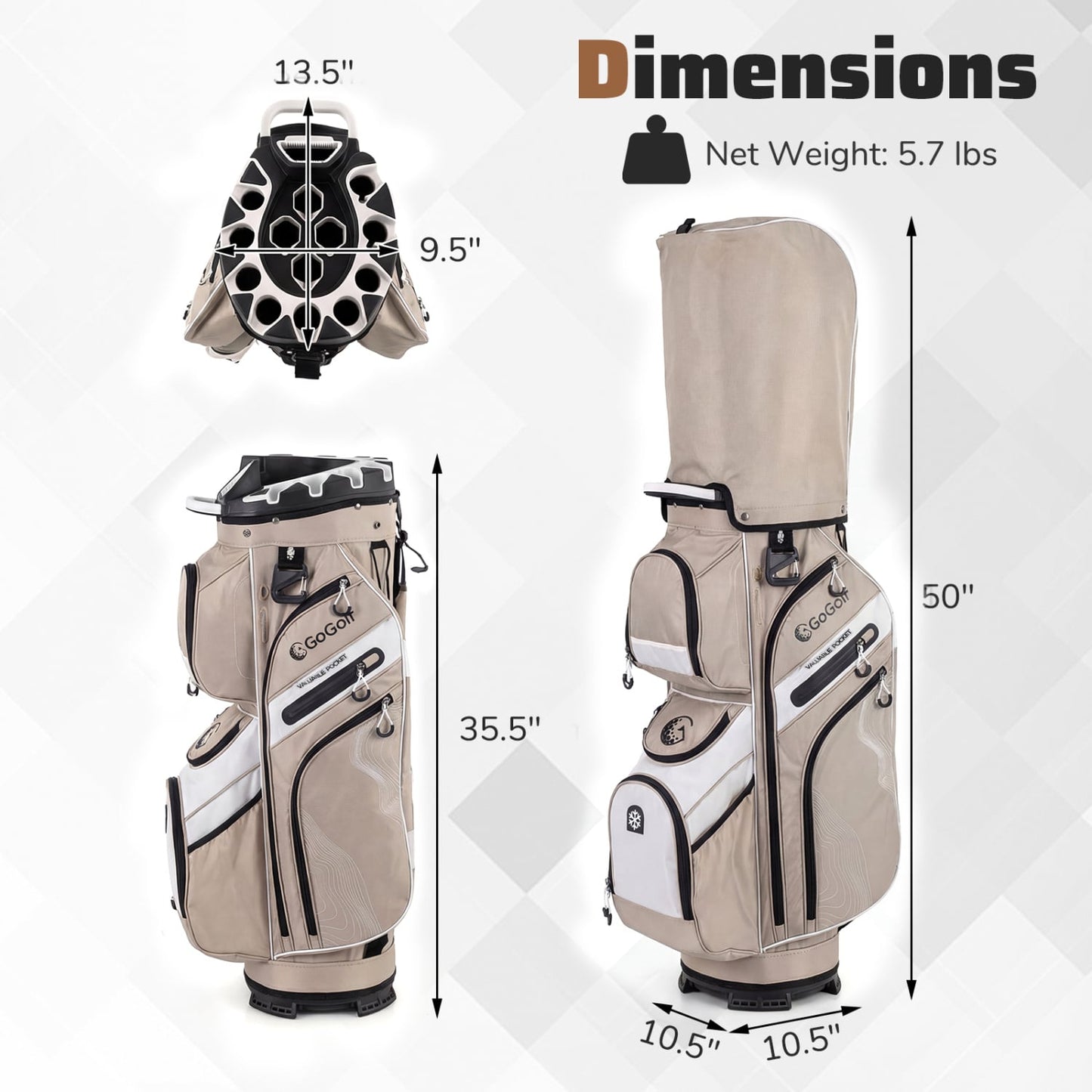 Molded Lock Top Golf Cart Bag, 14-Way Full Length Dividers, 11 Pockets, Khaki Golf at Gallery Canada