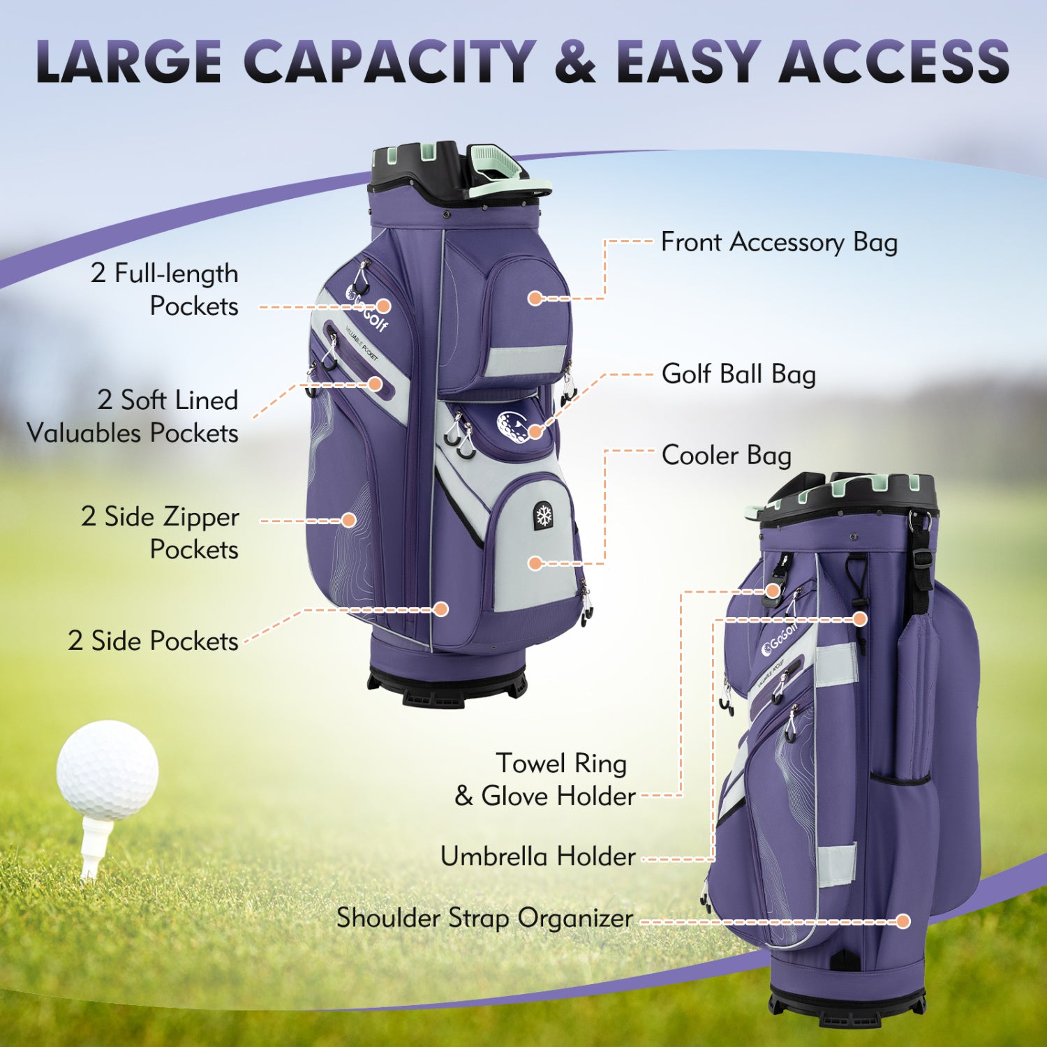 Molded Lock Golf Cart Bag, 14-Way Dividers, 11 Pockets, Purple Golf at Gallery Canada
