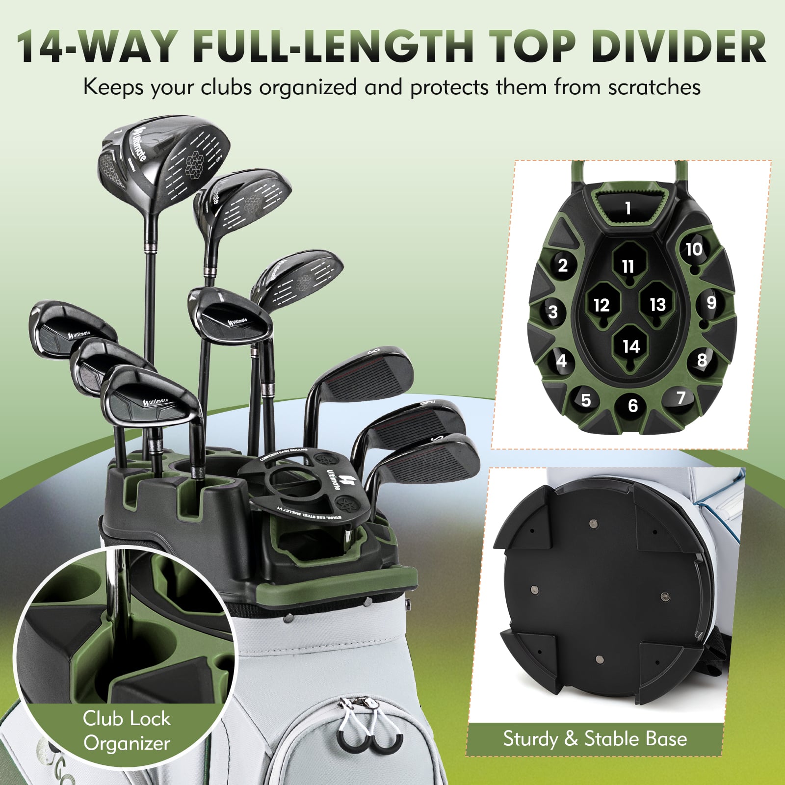 Molded Lock Top Golf Cart Bag, 14-Way Dividers, 11 Pockets, Green Golf at Gallery Canada