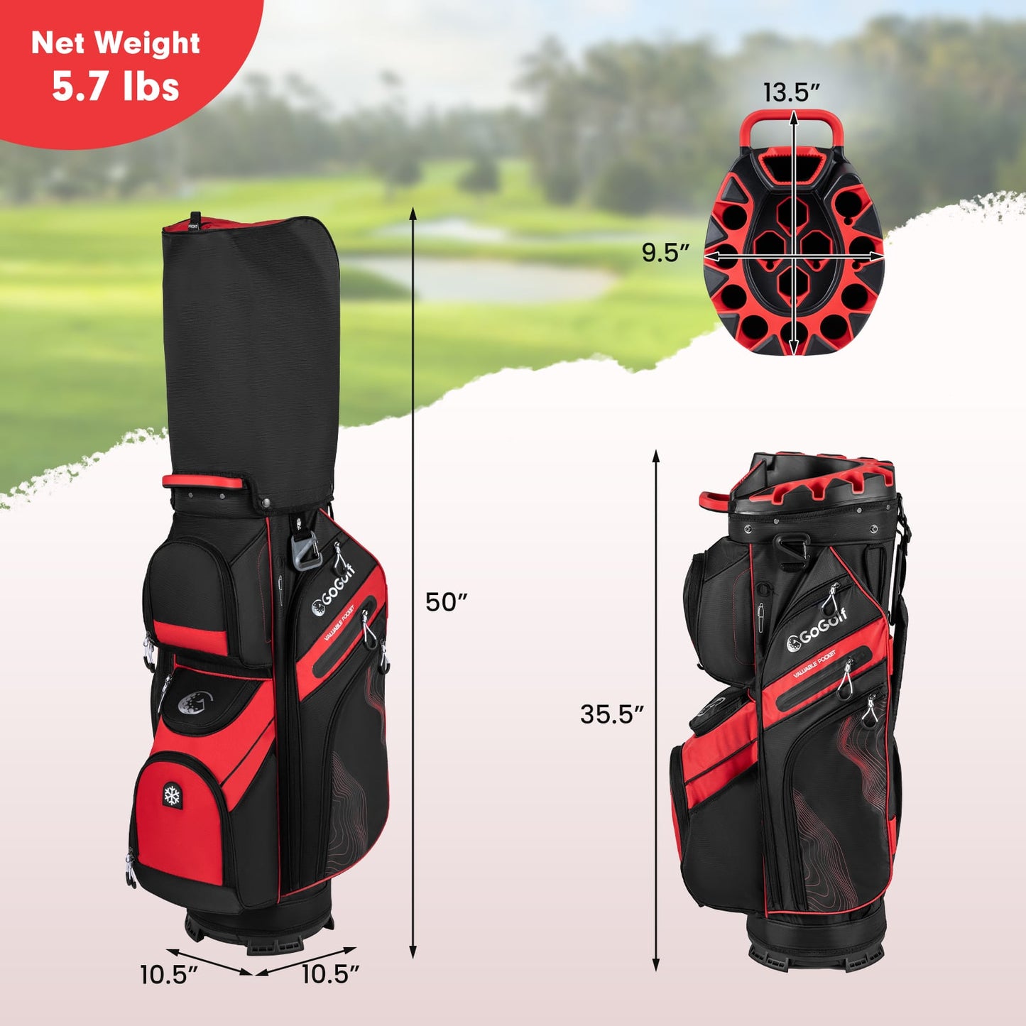 Molded Lock Top Golf Cart Bag, 14-Way Full Length Dividers, 11 Pockets, Red Golf at Gallery Canada