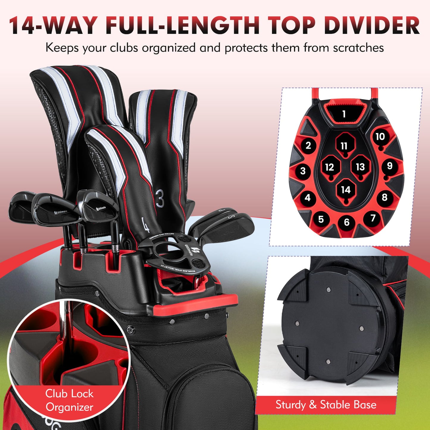 Molded Lock Top Golf Cart Bag, 14-Way Full Length Dividers, 11 Pockets, Red Golf at Gallery Canada