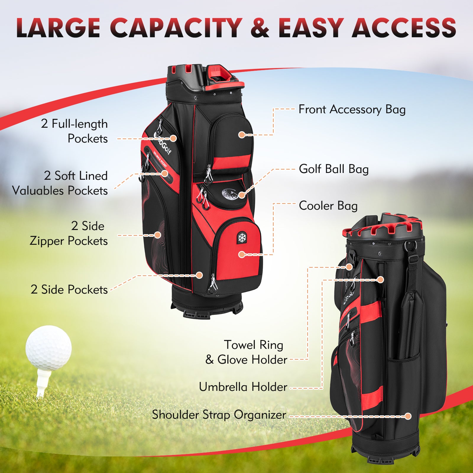 Molded Lock Top Golf Cart Bag, 14-Way Full Length Dividers, 11 Pockets, Red Golf at Gallery Canada