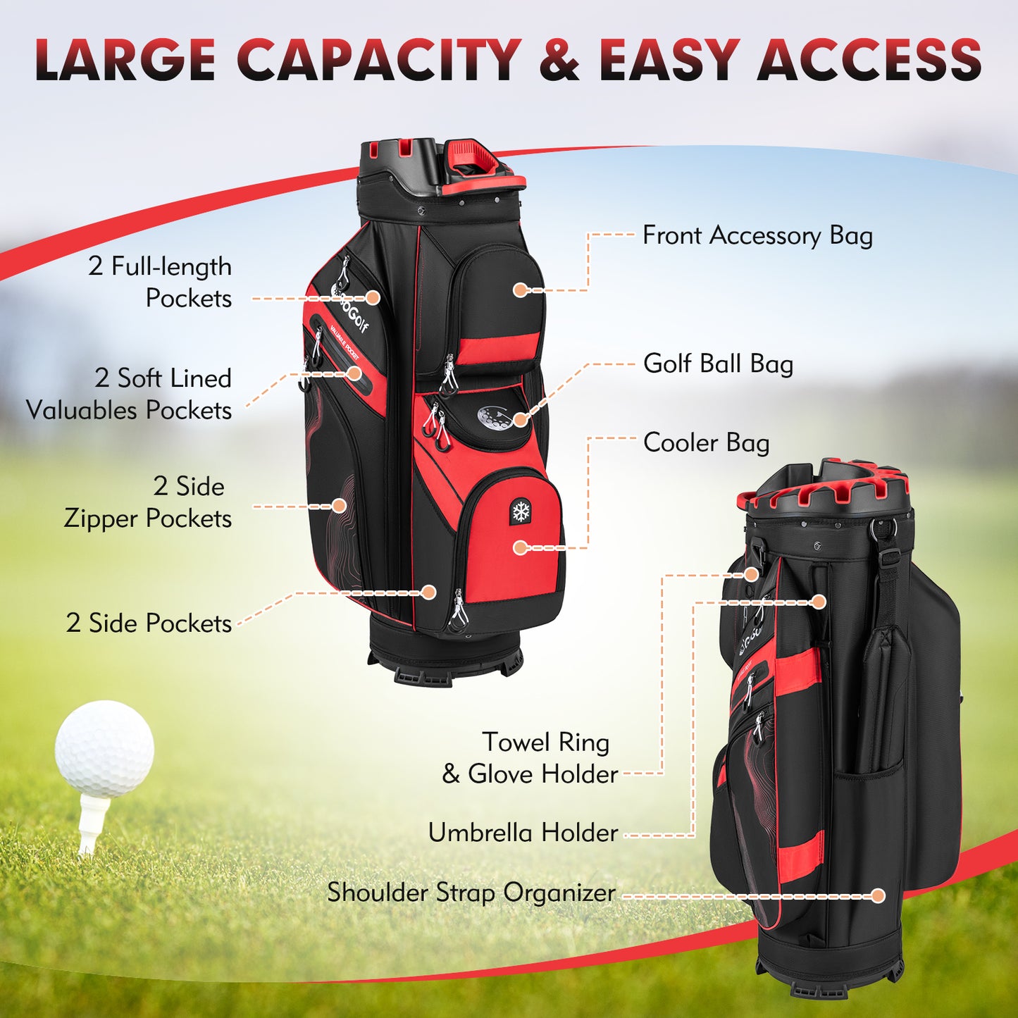 Molded Lock Top Golf Cart Bag, 14-Way Full Length Dividers, 11 Pockets, Red Golf at Gallery Canada