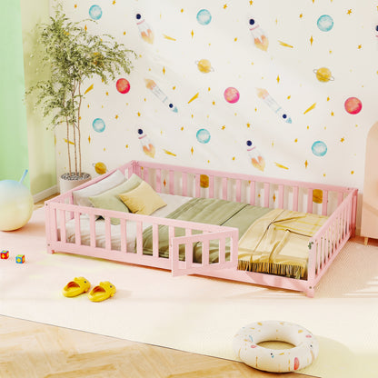 Montessori Bed Frame, Full-Length Guardrails, Pink
