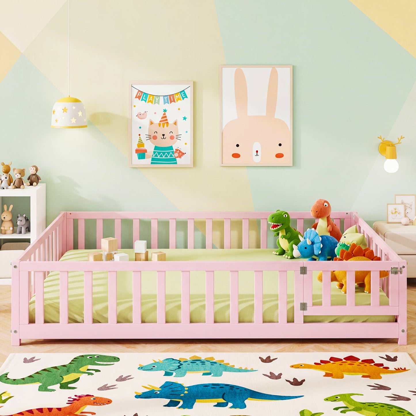 Montessori Bed Frame, Full-Length Guardrails, Pink