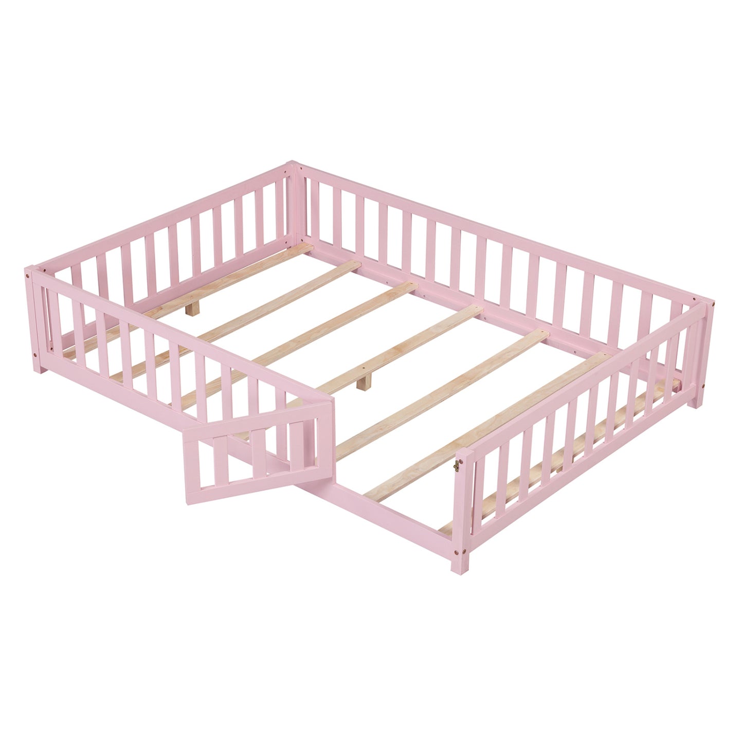 Montessori Bed Frame, Full-Length Guardrails, Pink