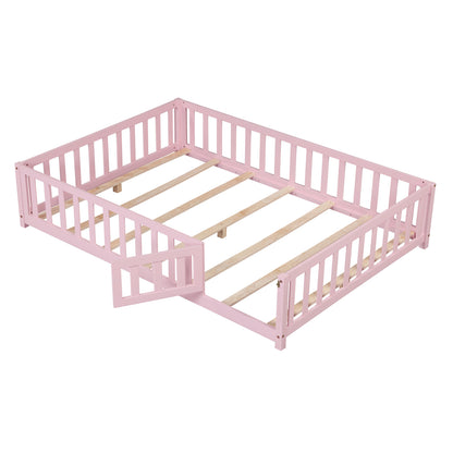Montessori Bed Frame, Full-Length Guardrails, Pink