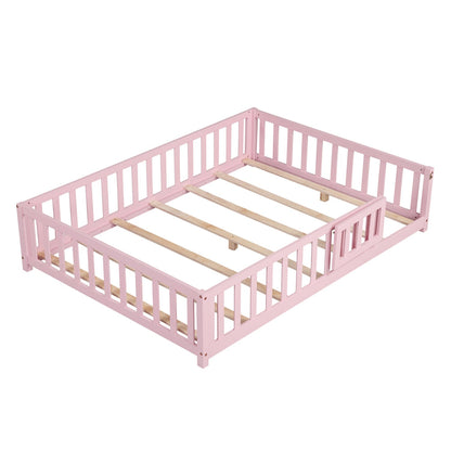 Montessori Bed Frame, Full-Length Guardrails, Pink