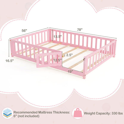 Montessori Bed Frame, Full-Length Guardrails, Pink