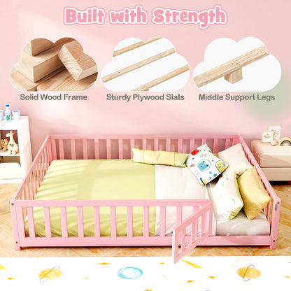 Montessori Bed Frame, Full-Length Guardrails, Pink