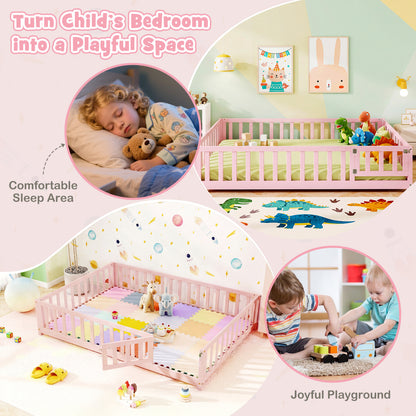 Montessori Bed Frame, Full-Length Guardrails, Pink