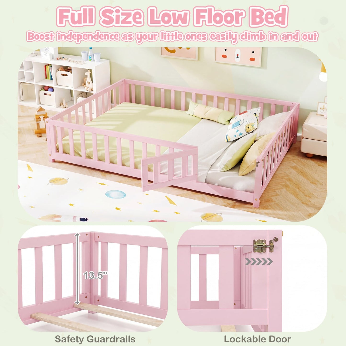 Montessori Bed Frame, Full-Length Guardrails, Pink