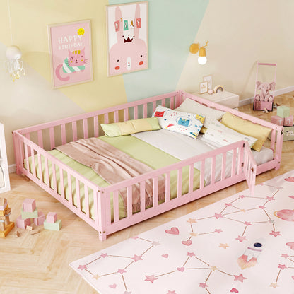 Montessori Bed Frame, Full-Length Guardrails, Pink