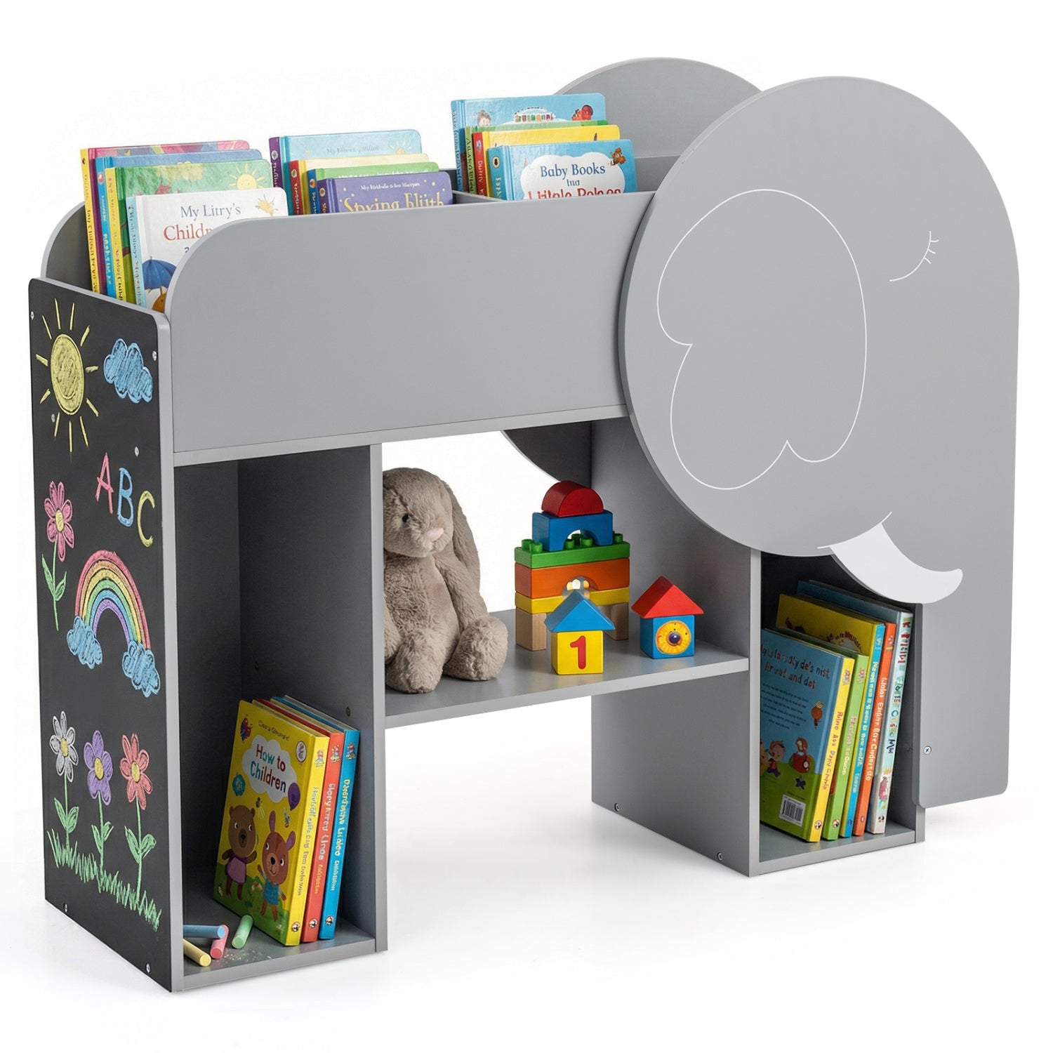 Montessori Bookshelf with Elephant Shape 3-Tier Toddler Toy Storage Organizer-Grey, Gray Kids Storage at Gallery Canada