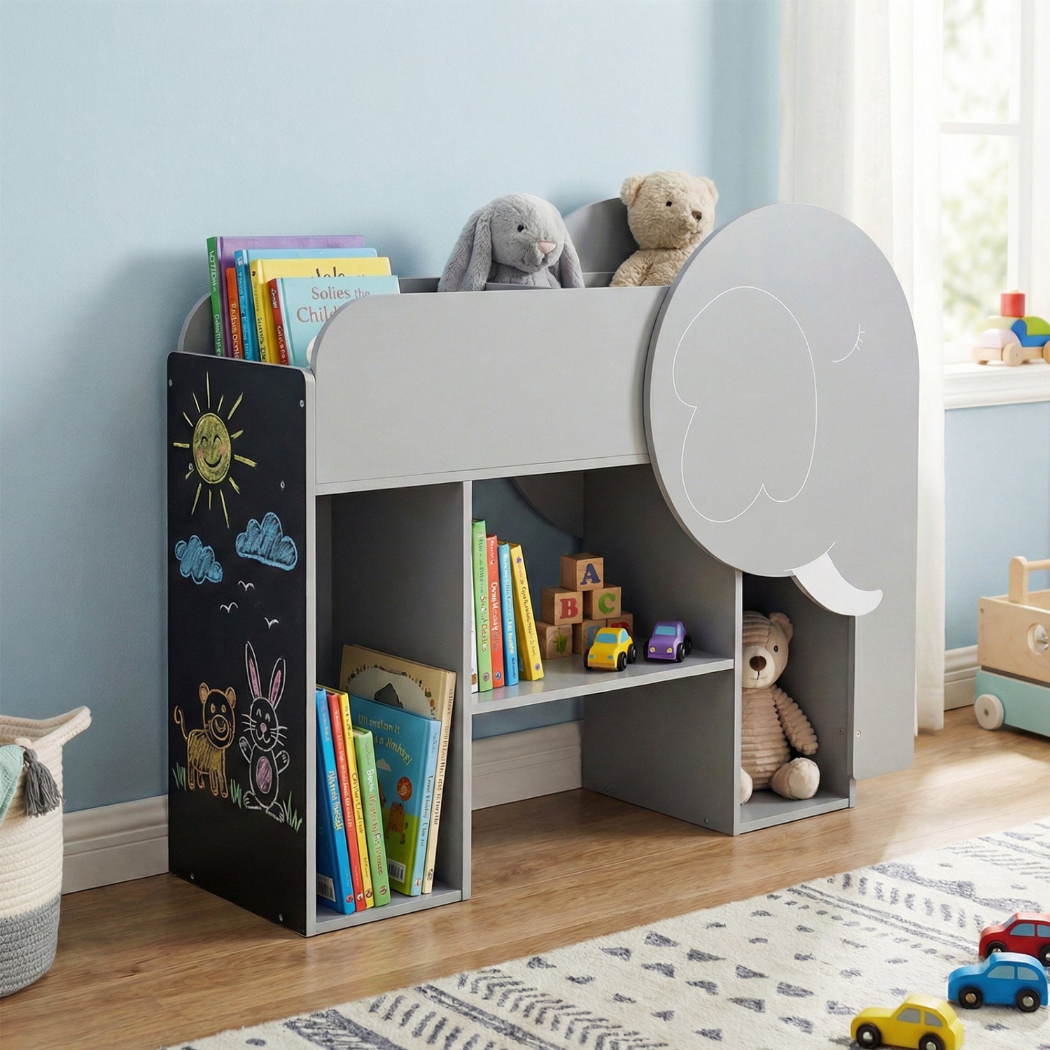 Montessori Bookshelf with Elephant Shape 3-Tier Toddler Toy Storage Organizer-Grey, Gray Kids Storage at Gallery Canada