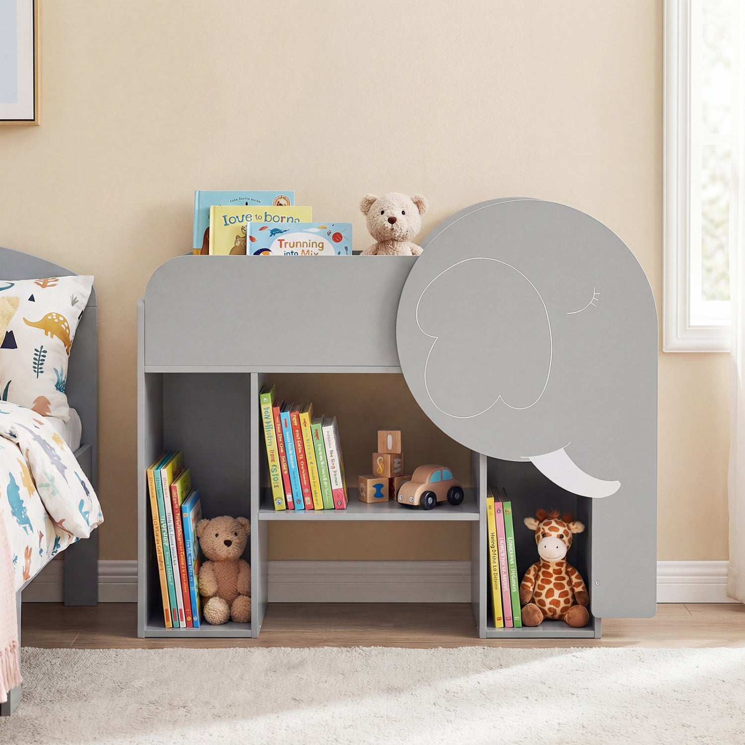 Montessori Bookshelf with Elephant Shape 3-Tier Toddler Toy Storage Organizer-Grey, Gray Kids Storage at Gallery Canada