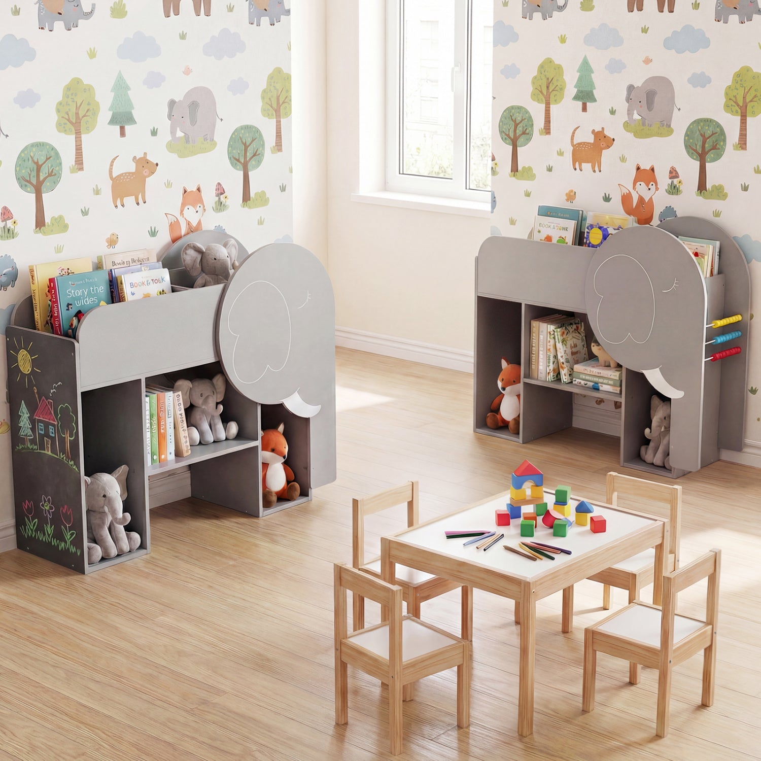 Montessori Bookshelf with Elephant Shape 3-Tier Toddler Toy Storage Organizer-Grey, Gray Kids Storage at Gallery Canada