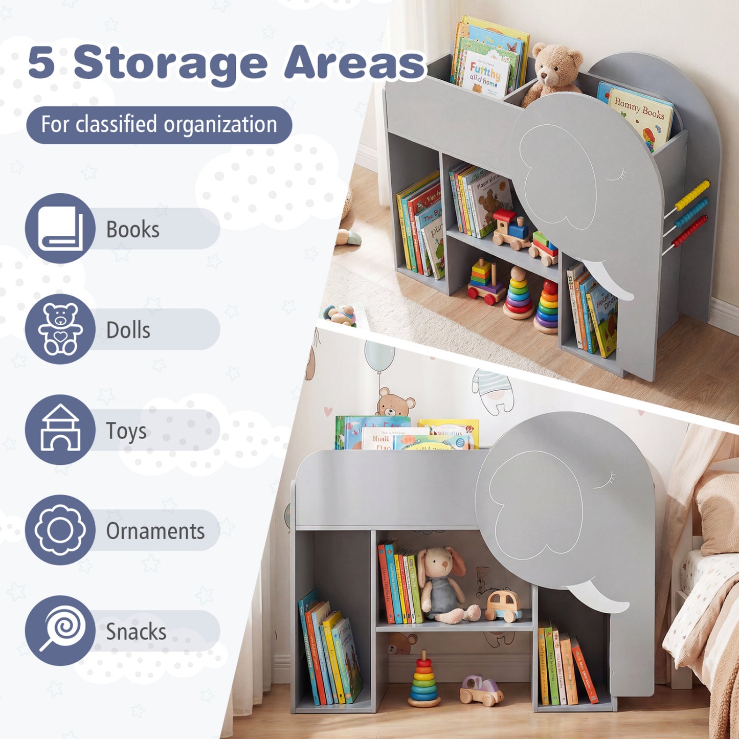 Montessori Bookshelf with Elephant Shape 3-Tier Toddler Toy Storage Organizer-Grey, Gray Kids Storage at Gallery Canada