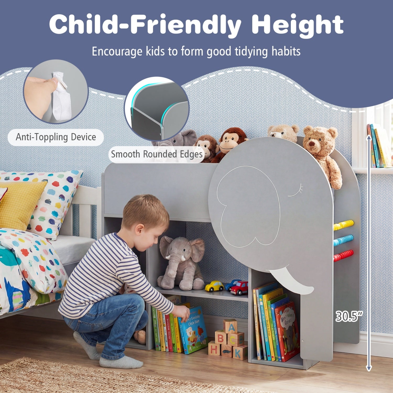 Montessori Bookshelf with Elephant Shape 3-Tier Toddler Toy Storage Organizer-Grey, Gray Kids Storage at Gallery Canada