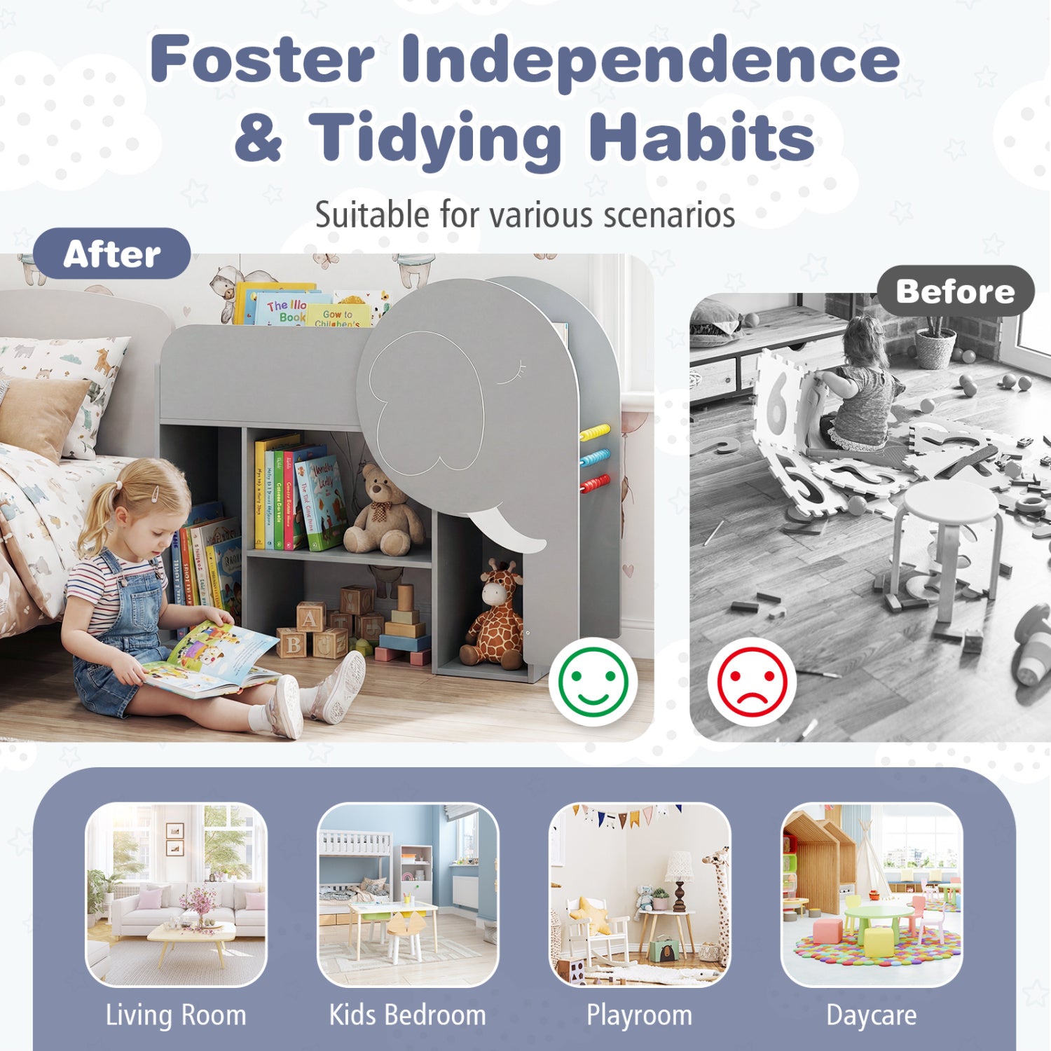 Montessori Bookshelf with Elephant Shape 3-Tier Toddler Toy Storage Organizer-Grey, Gray Kids Storage at Gallery Canada