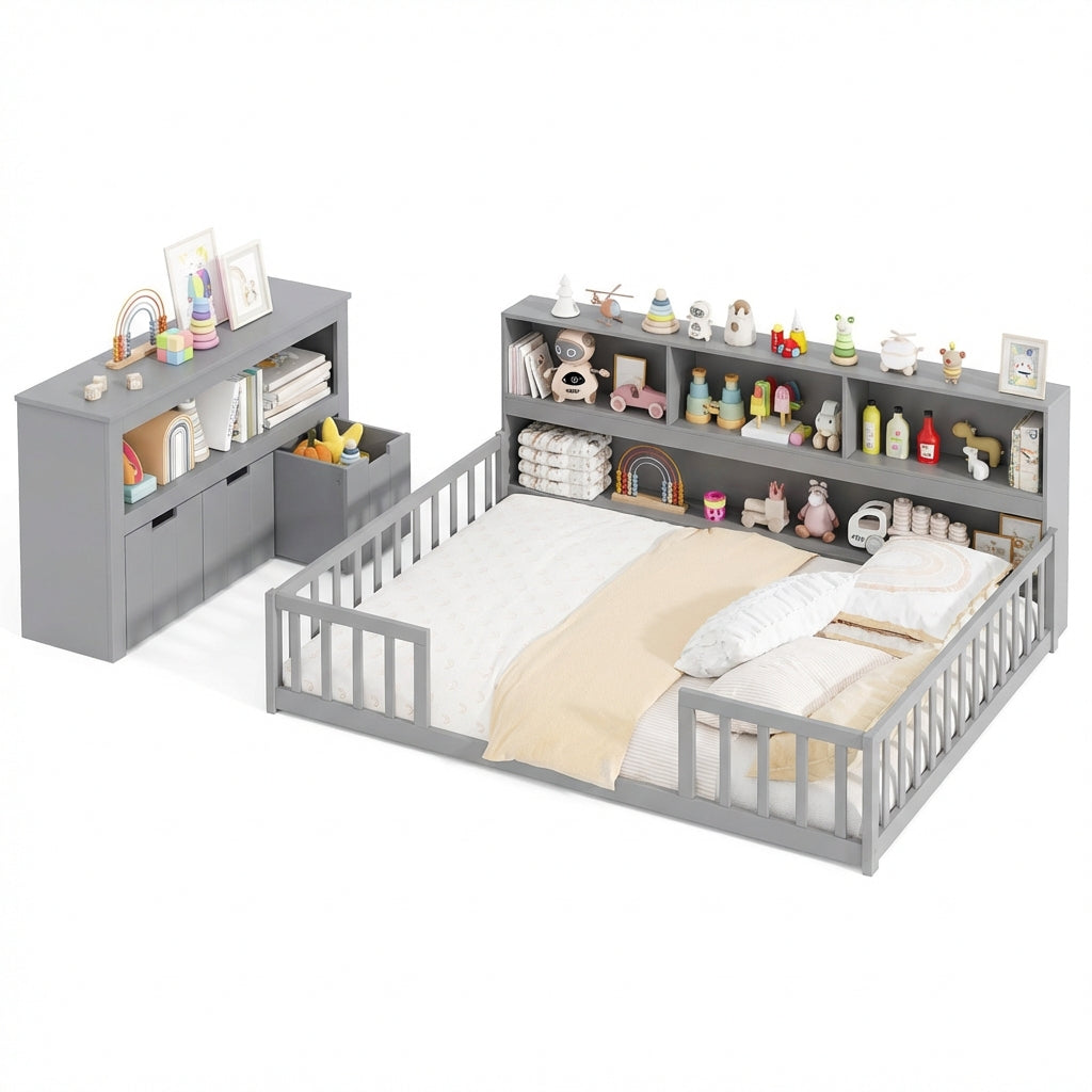 Montessori Twin Floor Bed and Kids Toy Storage Cabinet Bundle, Gray Toddler Beds at Gallery Canada