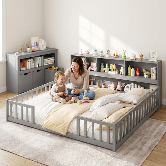 Montessori Twin Floor Bed and Kids Toy Storage Cabinet Bundle, Gray Toddler Beds Gray at Gallery Canada