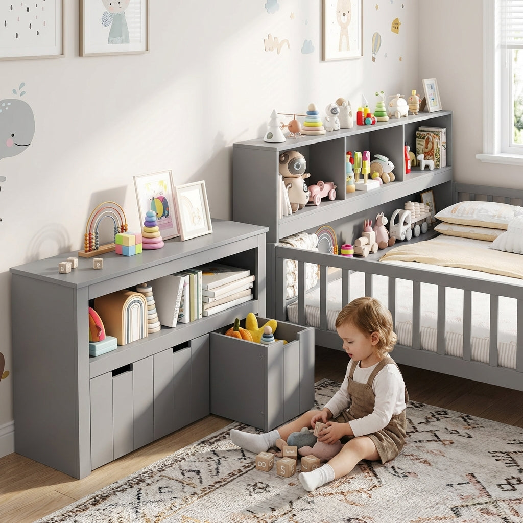 Montessori Twin Floor Bed and Kids Toy Storage Cabinet Bundle, Gray Toddler Beds at Gallery Canada